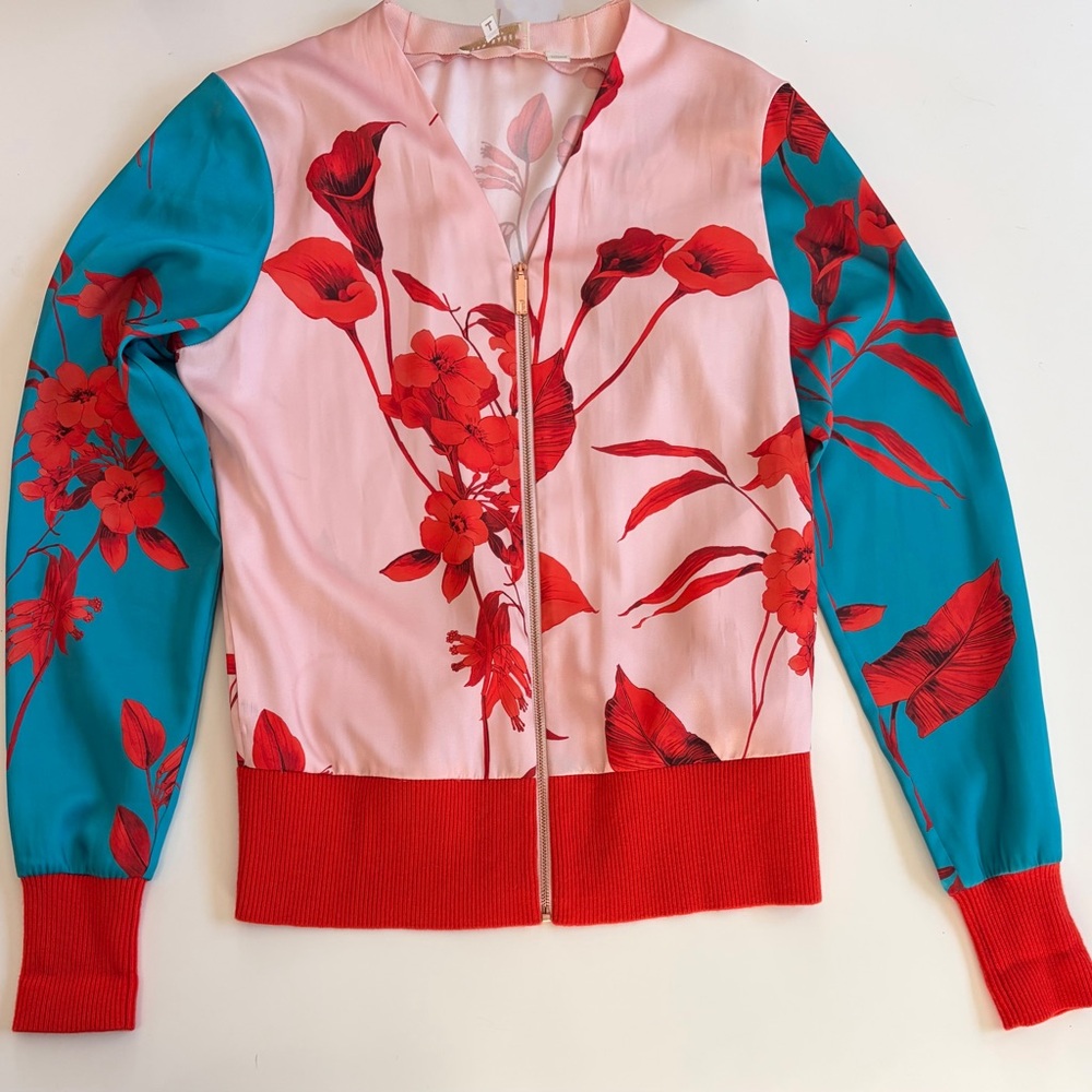 Ted Baker Cortnee Fantasia Pink and Teal Maximalist Floral Bomber Jacket NWOT